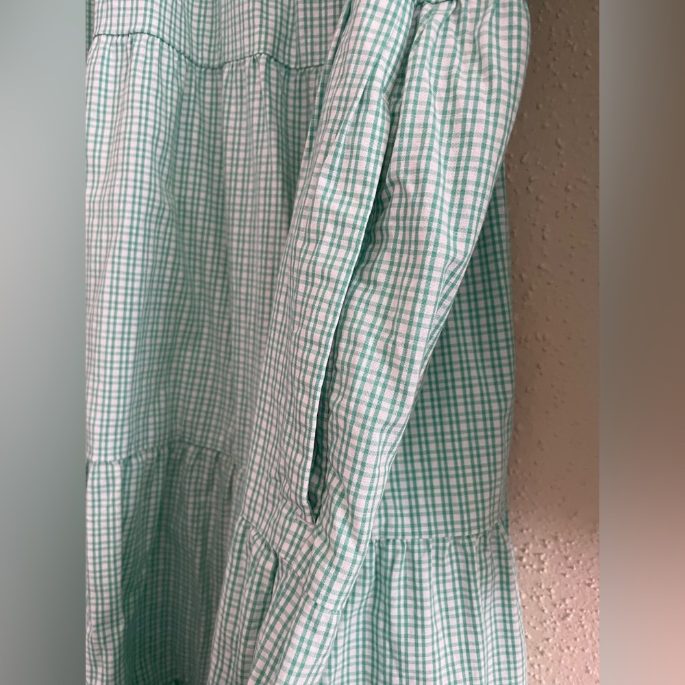 J Crew Factory Women’s Medium Green Gingham Cotton Blend Spring Tiered Dress - Picture 6 of 15